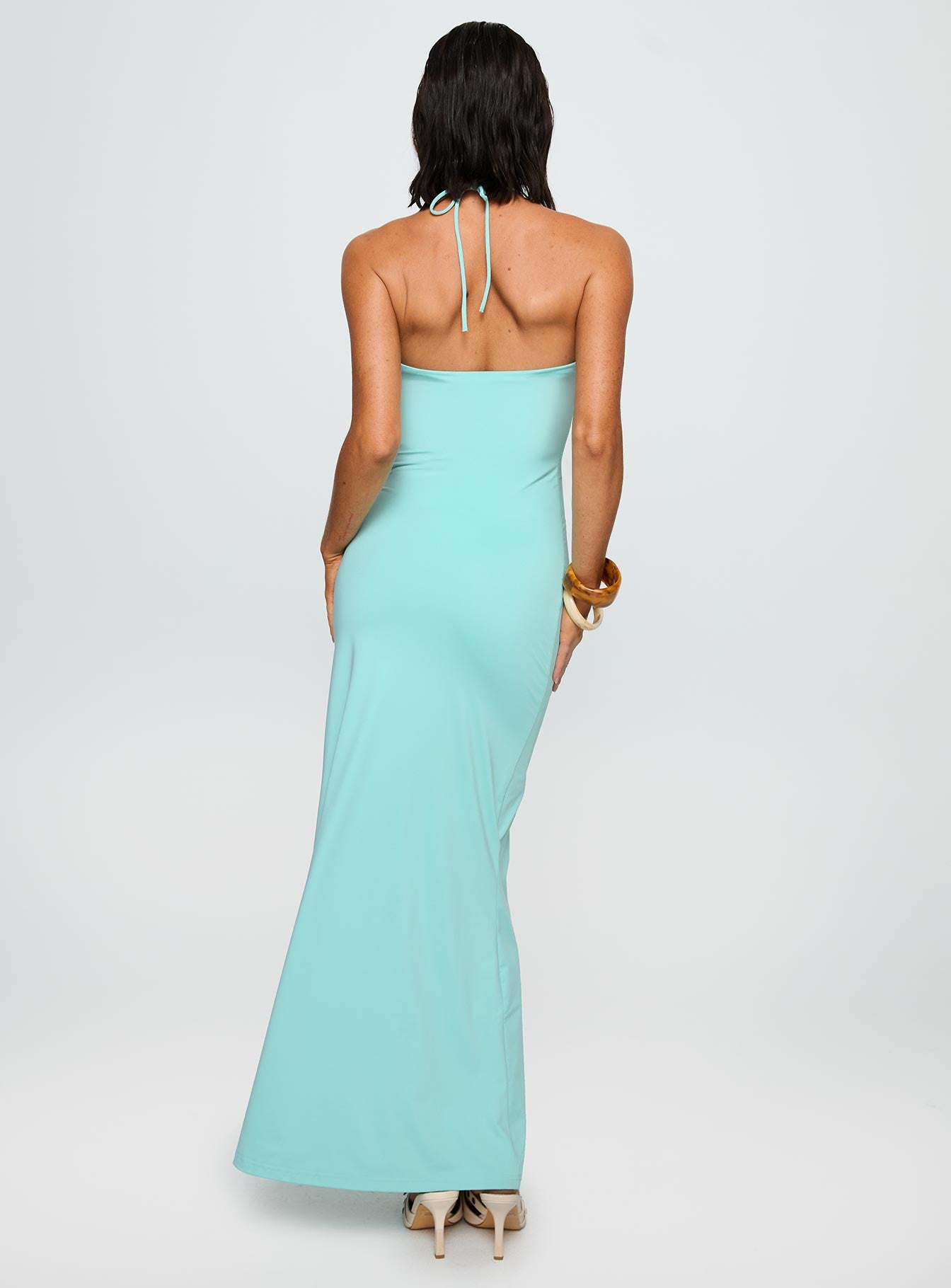 back view of model wearing Princess Polly A Vision Hardware Detail Maxi Dress Blue Straight Neck 