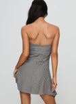 back view of model wearing Princess Polly Bradwell Strapless Mini Dress Check Sweetheart Neckline 