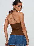 back view of model wearing Princess Polly Isabetta Halter Top Chocolate Sleeveless Sweetheart 