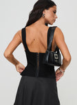 back view of model wearing Princess Polly Manuel Top Black Sleeveless Sweetheart 