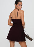 back view of model wearing Princess Polly Abdul Mini Dress Wine Sweetheart Neckline 