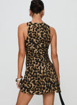 back view of model wearing Princess Polly Vivre Mini Dress Leopard Crew Neck 