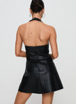 back view of model wearing Princess Polly Hit Different Faux Leather Mini Dress Black Plunger 