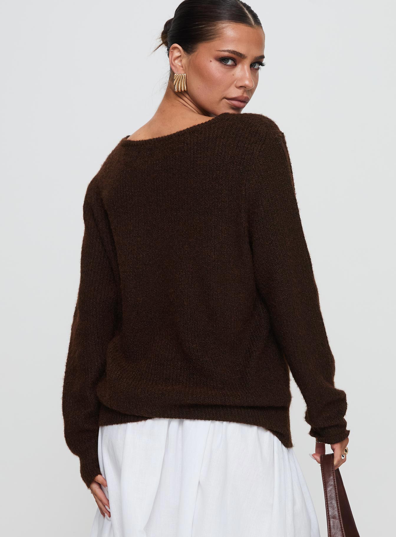 back view of model wearing Princess Polly Abrams Rib Knit Crew Sweater Chocolate Marle Longline Jumpers 