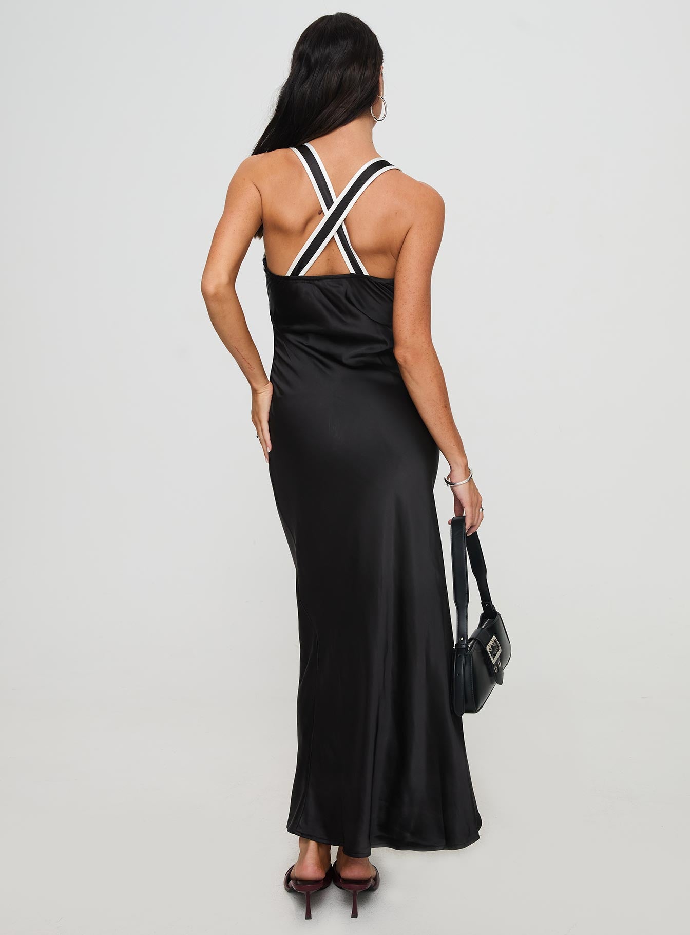 back view of model wearing Princess Polly Thandi Maxi Dress Black Plunger 