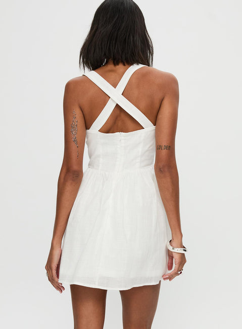 back view of model wearing Princess Polly Zolena Halter Mini Dress White Sweetheart Neckline 