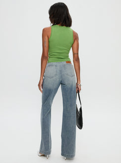 back view of model wearing Princess Polly Slow Ride Belted Jeans Light Blue Mid Rise 