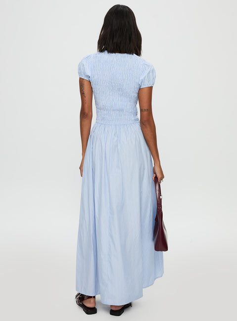 back view of model wearing Princess Polly Wendelin Shirred Maxi Dress Blue Stripe Crew Neck 