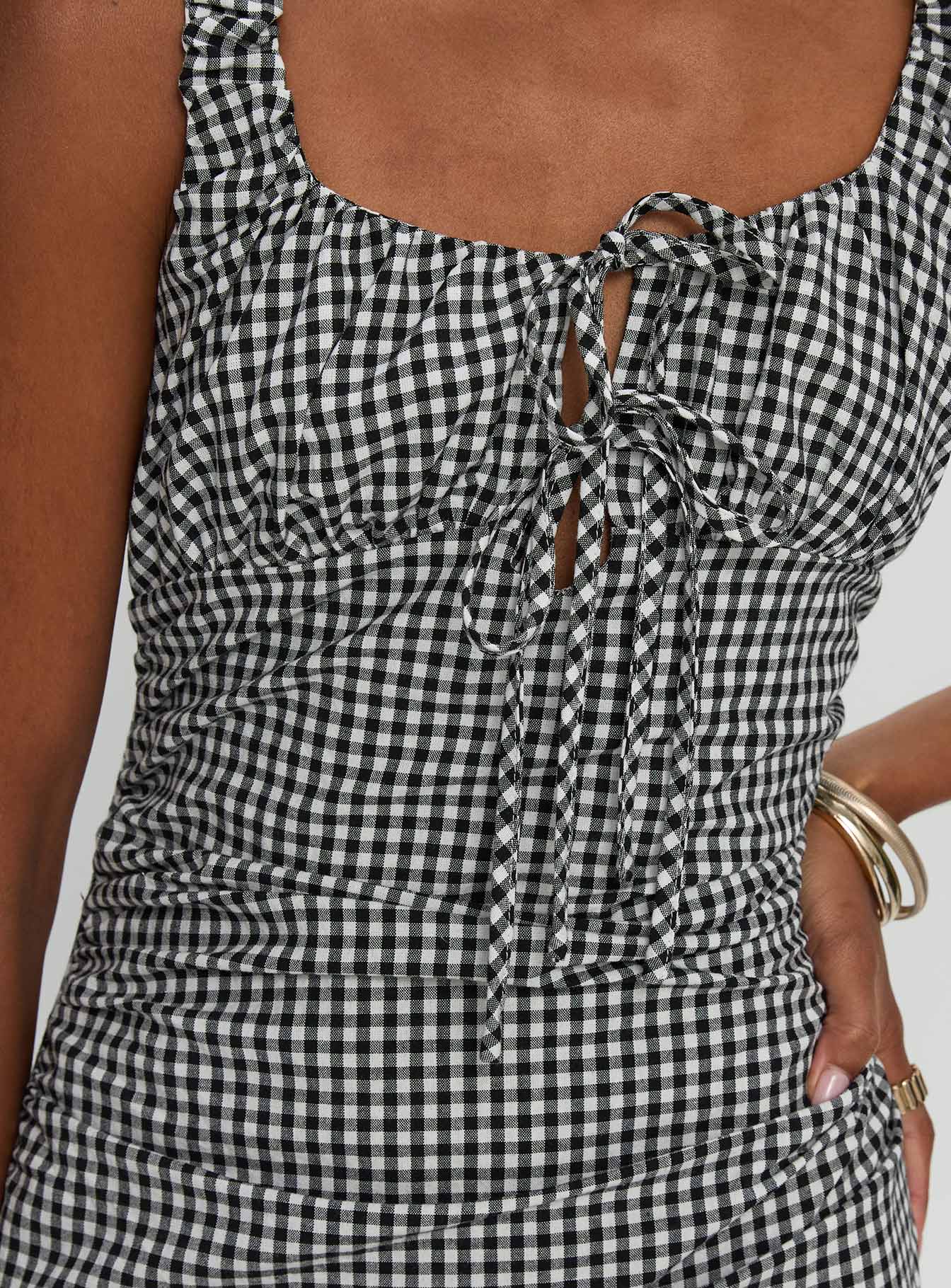 back view of model wearing Princess Polly Roundtrip Maxi Dress Black / White Scoop Neck 