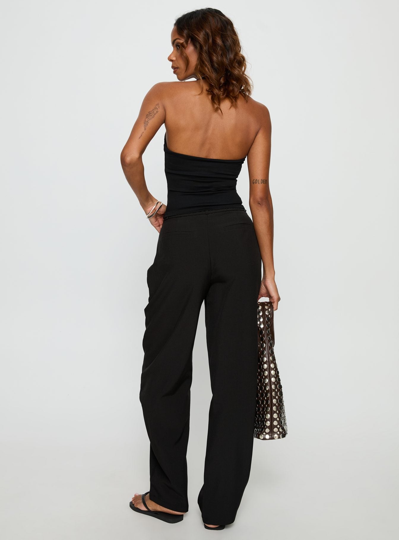back view of model wearing Princess Polly Triffid Barrel Leg Pants Black High Rise Pants 