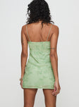 back view of model wearing Princess Polly Emilee Mini Dress Sage V-Neck 