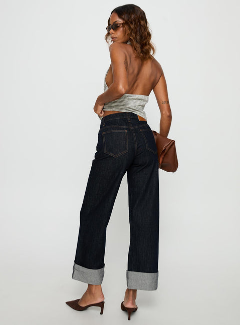 back view of model wearing Princess Polly Squire Mid Rise Straight Leg Folded Hem Jeans Indigo Wash Mid Rise Jeans 