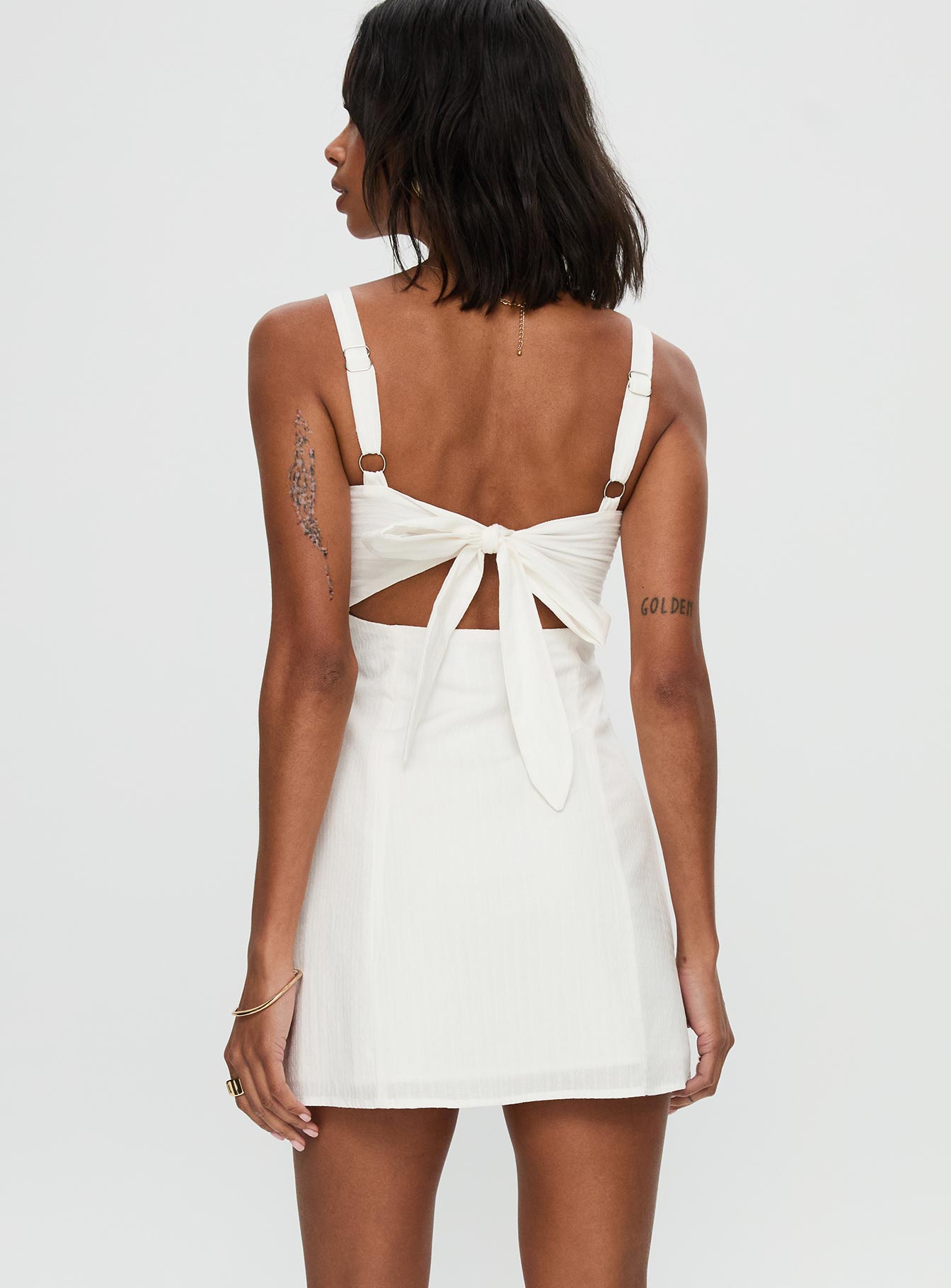 back view of model wearing Princess Polly Summer Isles Mini Dress White Sweetheart Neckline 