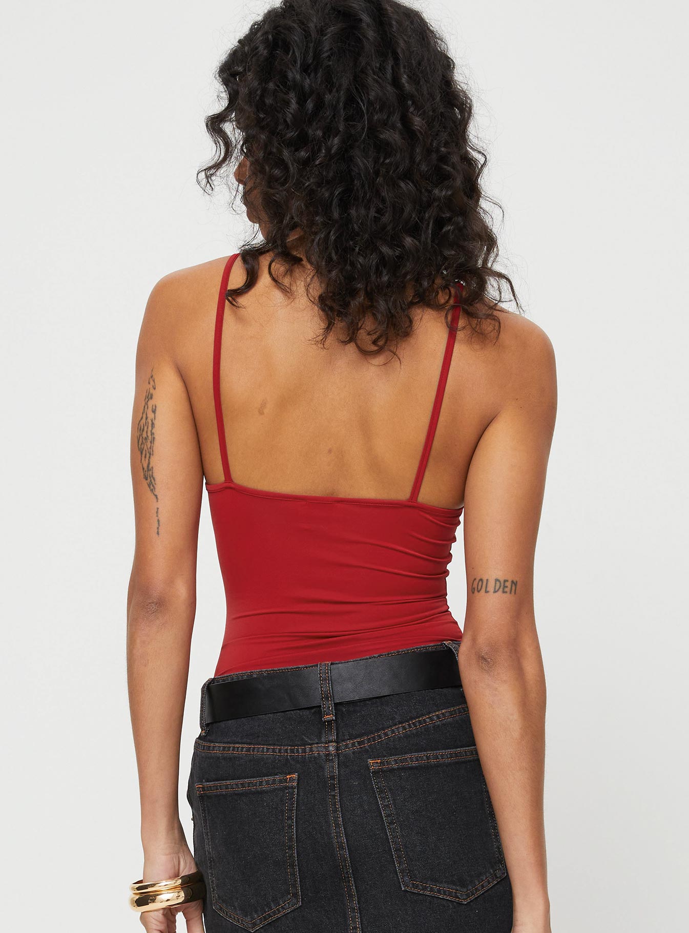 back view of model wearing Princess Polly Geary Bodysuit Red Sleeveless Scoop Neck 