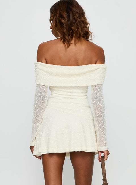 Ivee Off Shoulder Long Sleeve Mini Dress Cream | Princess Polly Ivee Off Shoulder Long Sleeve Mini Dress Cream | Princess Polly