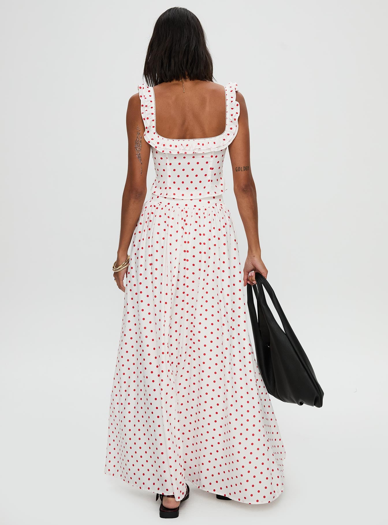 back view of model wearing Princess Polly Valerio Maxi Skirt White / Red Maxi 