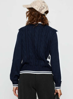 back view of model wearing Princess Polly Tevyn Cable Knit Zip Through Knit Sweater Blue / Cream Cropped Jumpers 
