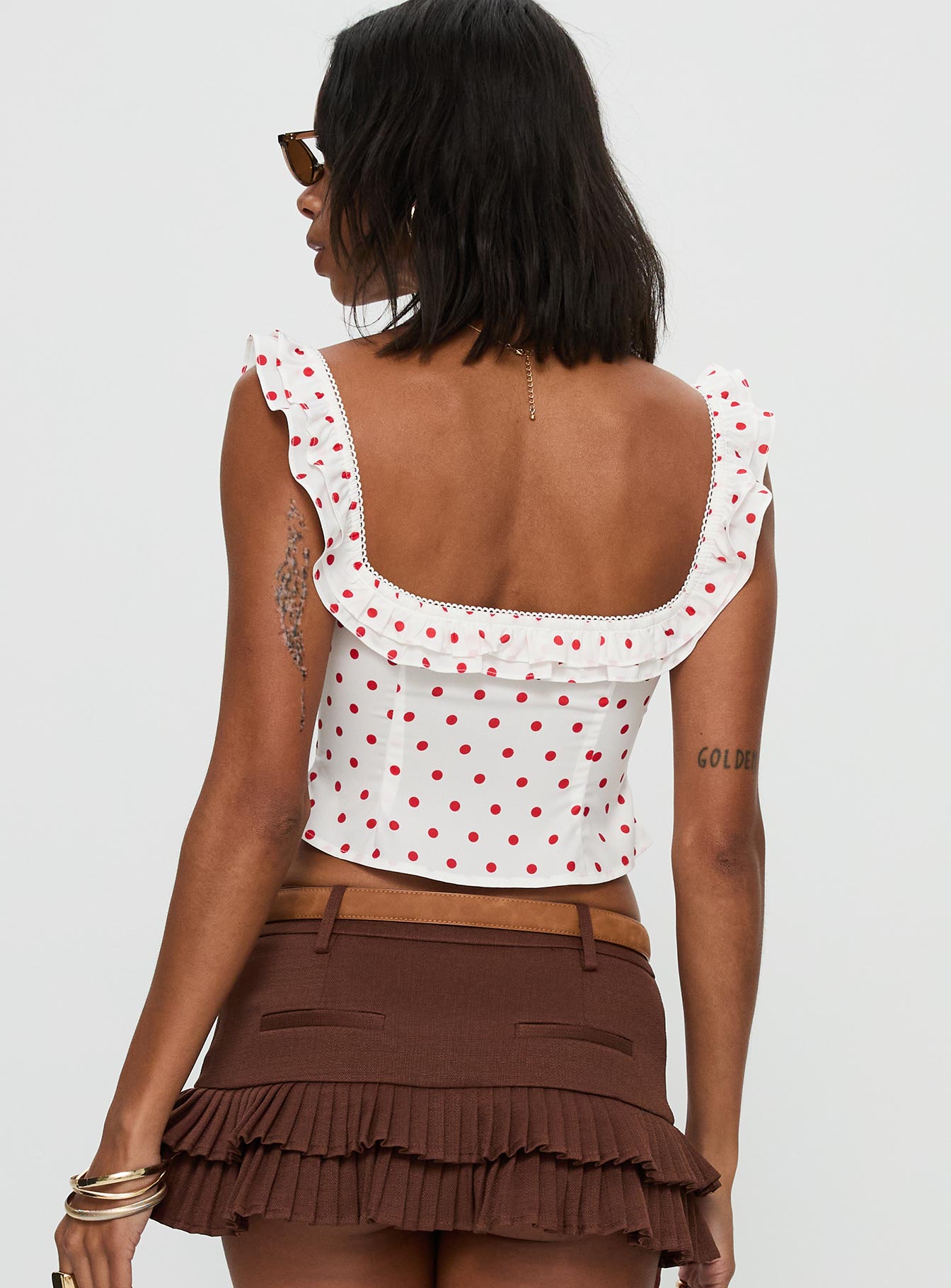 back view of model wearing Princess Polly Isadoria Frill Top White / Red Polka Sleeveless Square Neck 