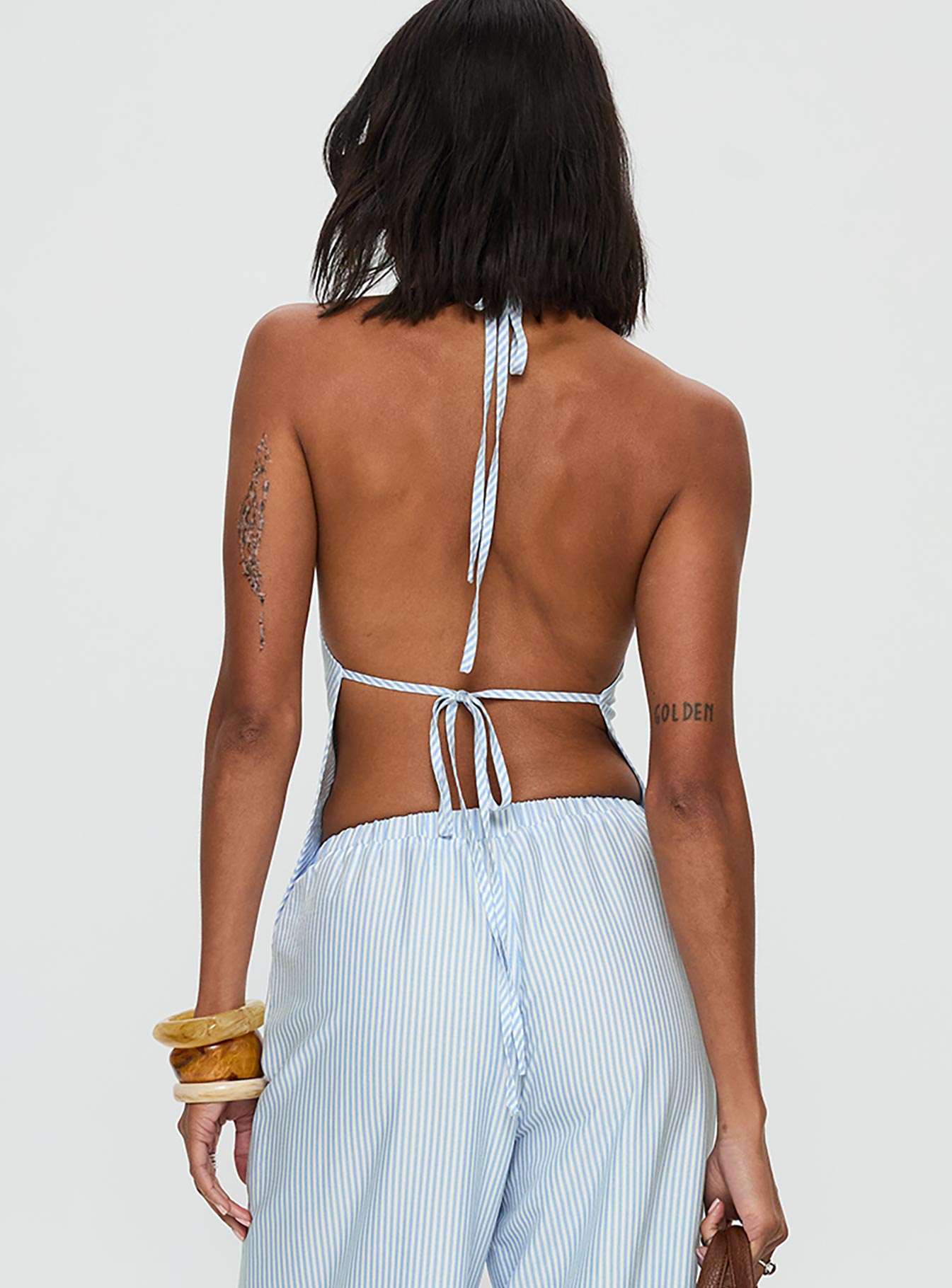 back view of model wearing Princess Polly Summer Too Hot Cowl Neck Top Blue Stripe Sleeveless Cowl 