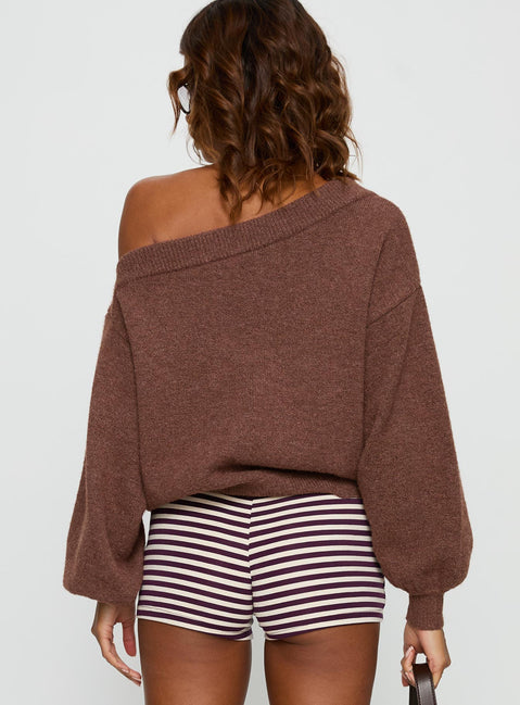 back view of model wearing Princess Polly Noble Off The Shoulder Sweater Chocolate 