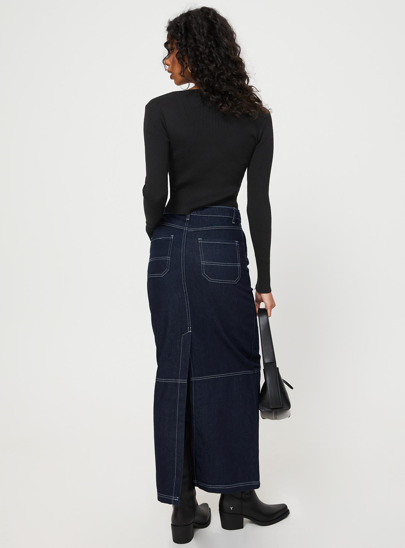 back view of model wearing Princess Polly Vine Maxi Skirt Blue Maxi 