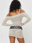 back view of model wearing Princess Polly Harrien Off The Shoulder Mini Dress Beige Straight Neck 