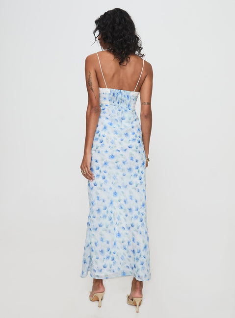 back view of model wearing Princess Polly Emily Maxi Dress Blue Floral V-Neck 