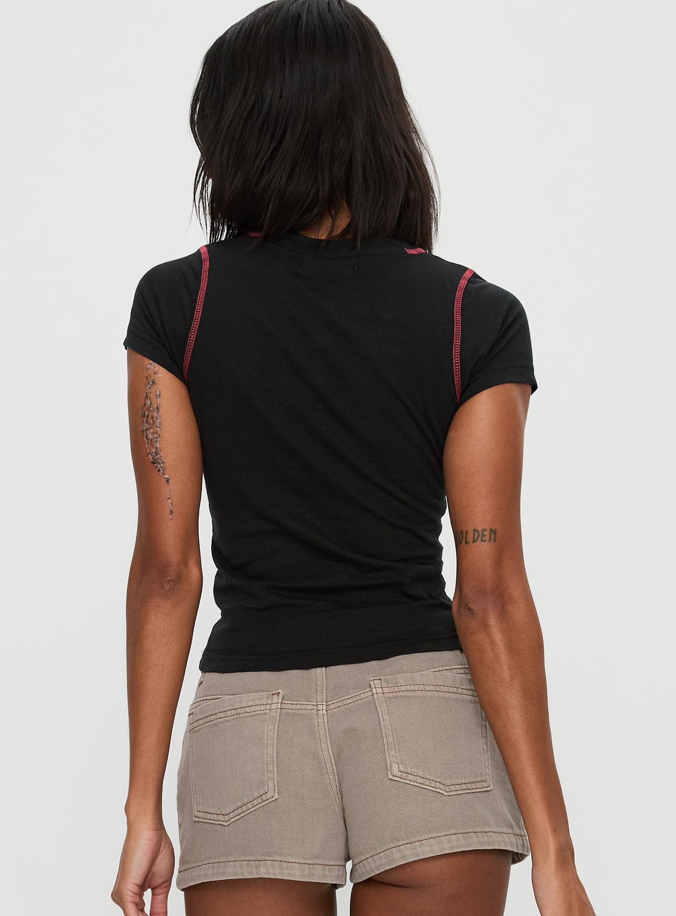 back view of model wearing Princess Polly Cherrie Kisses Top Black Short Sleeves Crew Neck 