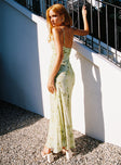 back view of model wearing Princess Polly Lauraline Maxi Dress Green / Floral Plunger 