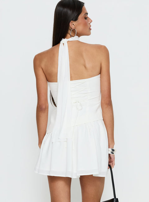 white halter drop waist dress Franni Shirred Drop Waist Mini Dress White