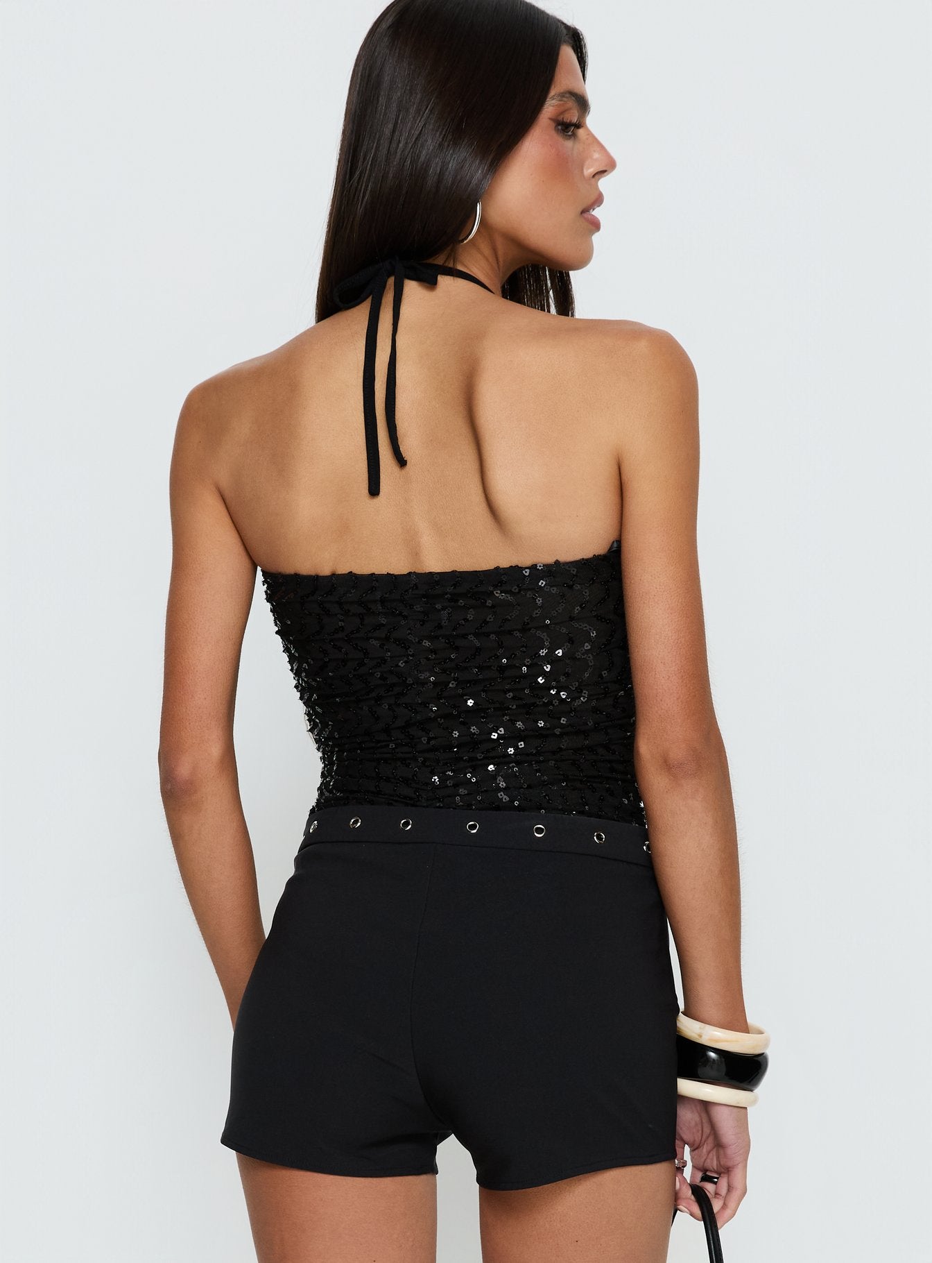 back view of model wearing Princess Polly Edana Ruched Sequin Bodysuit Black Sleeveless 