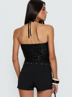 back view of model wearing Princess Polly Edana Ruched Sequin Bodysuit Black Sleeveless 