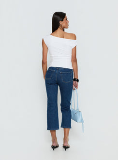 back view of model wearing Princess Polly Cindee High Rise Cropped Jeans Mid Blue Wash High Rise Jeans 