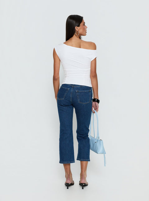 back view of model wearing Princess Polly Cindee High Rise Cropped Jeans Mid Blue Wash High Rise Jeans 