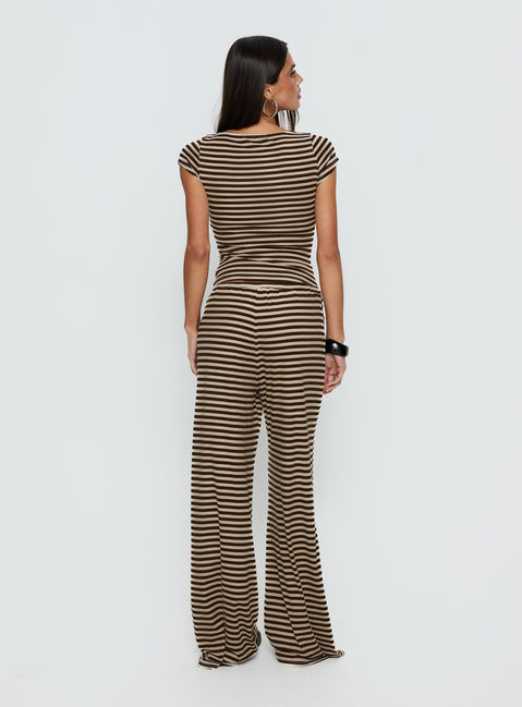 back view of model wearing Princess Polly Gavrielle Jersey Wide Leg Pants Chocolate / Cream Stripe Mid Rise Pants 