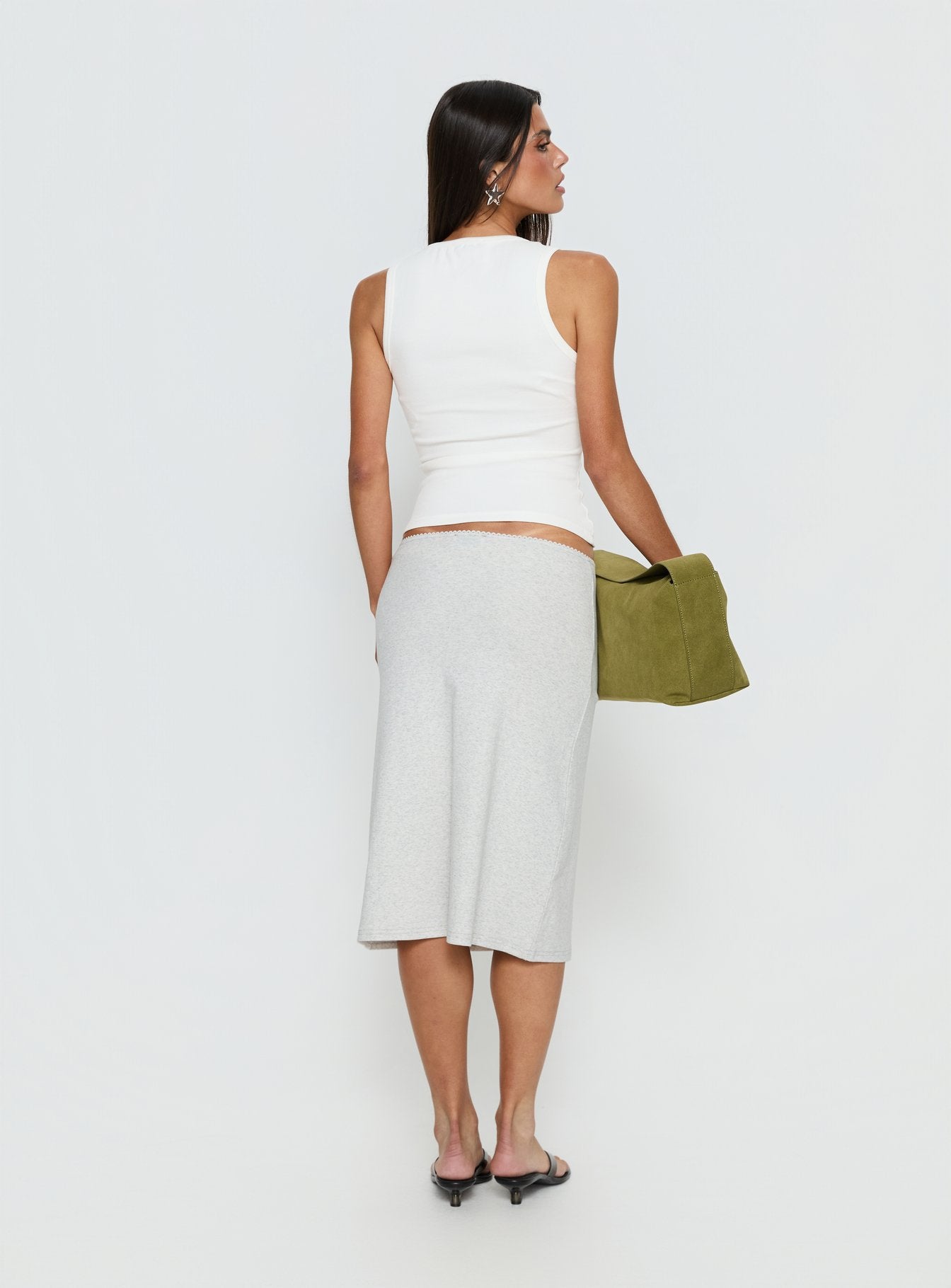 back view of model wearing Princess Polly Baseline Rib Midi Skirt Grey Marle Midi Skirts 