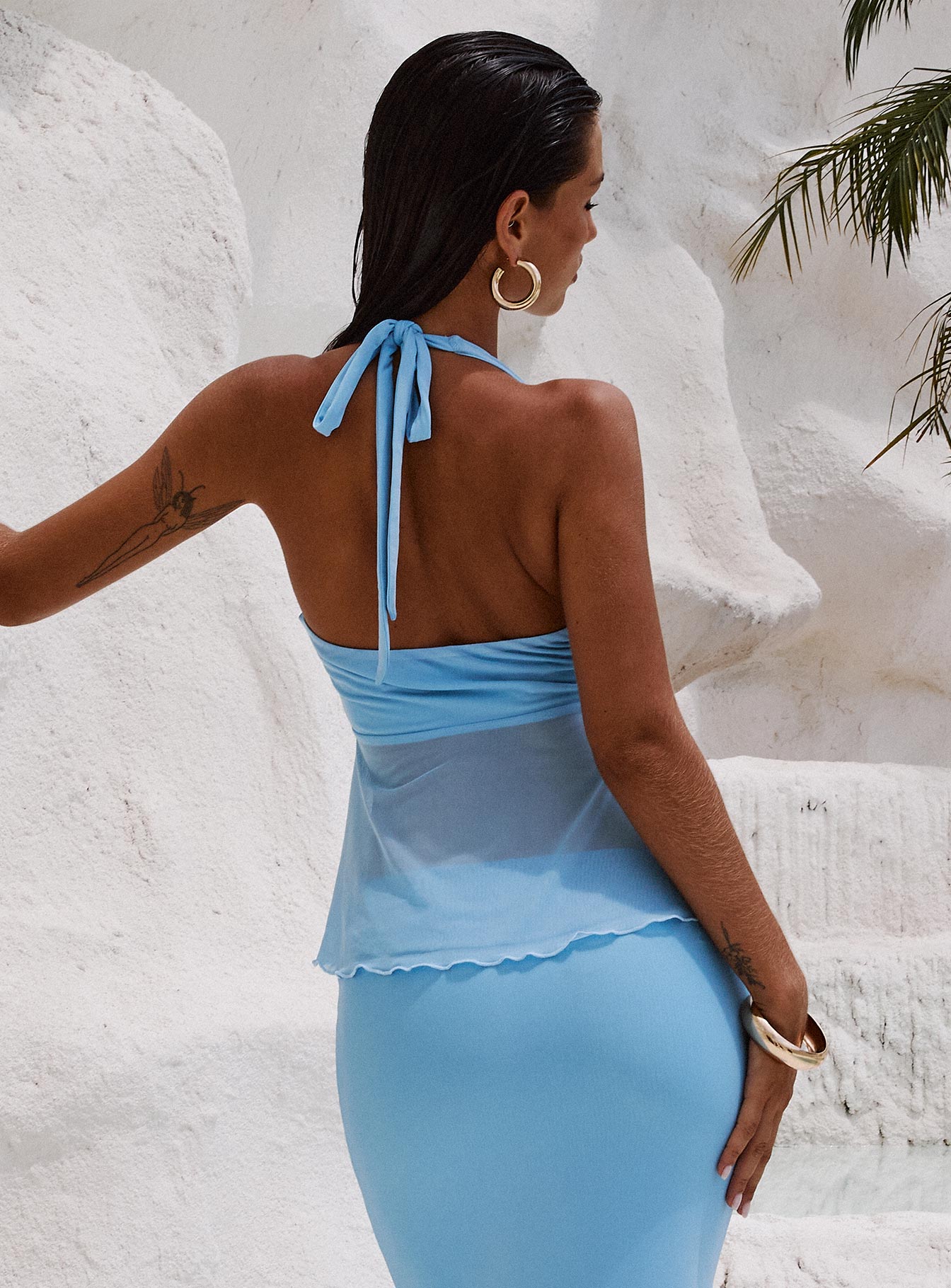 back view of model wearing Princess Polly Electrified Hardware Detail Top Blue Sleeveless Plunger 