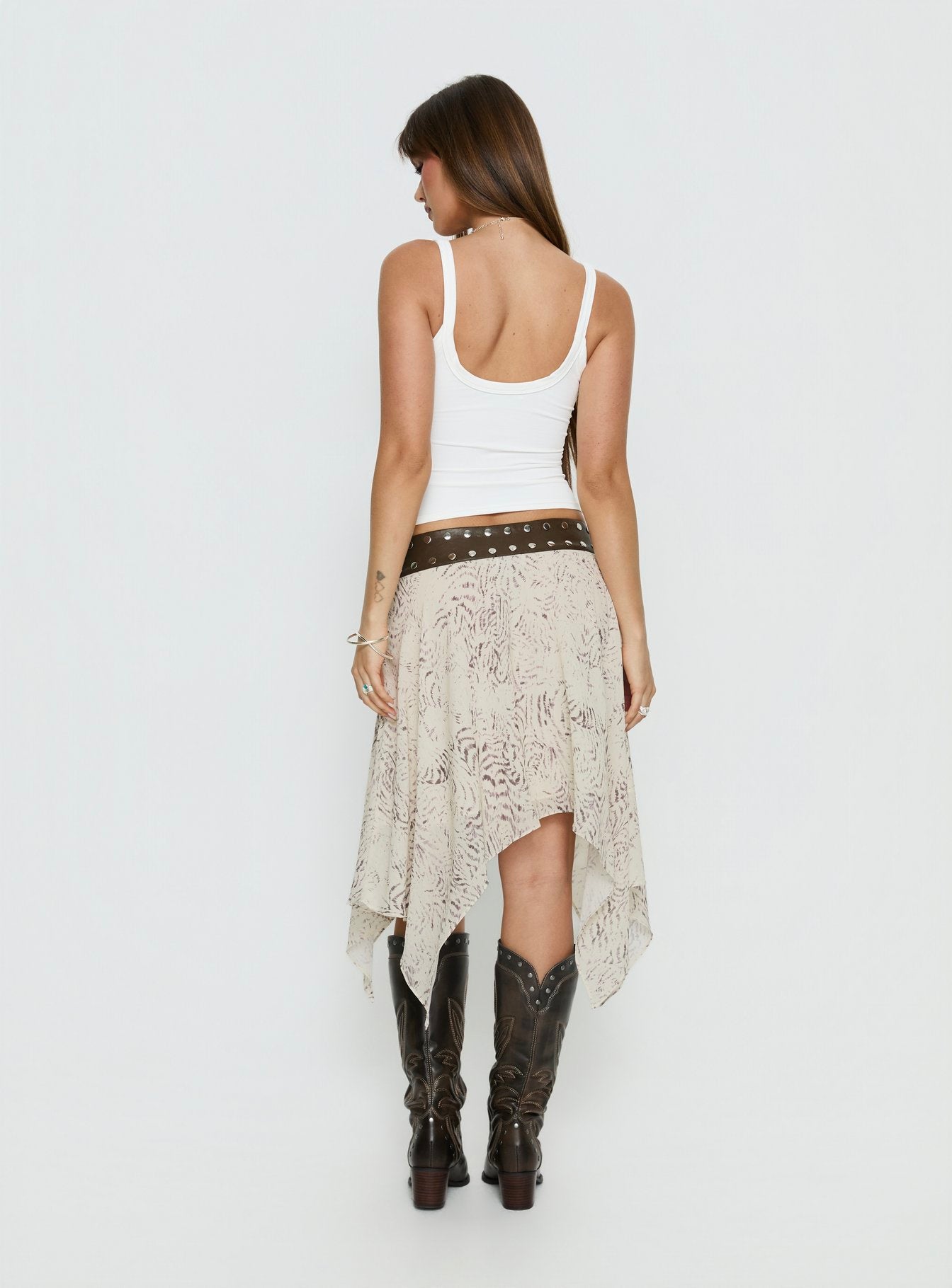 back view of model wearing Princess Polly Dark Mirage Asymmetrical Midi Skirt Multi Midi Skirts 