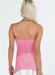 Pink top Mesh material Adjustable shoulder straps V neckline Twist detail at bust Split hem Good stretch Lined bust