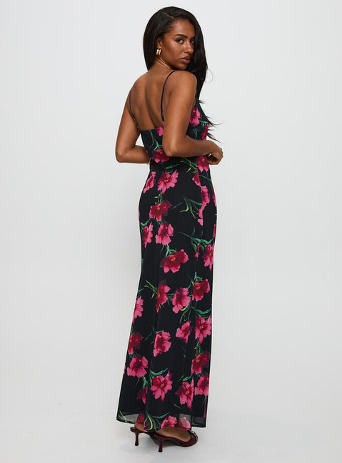 side view of model wearing Princess Polly Emorie Bias Cut Maxi Dress Multi Floral Scoop Neck 