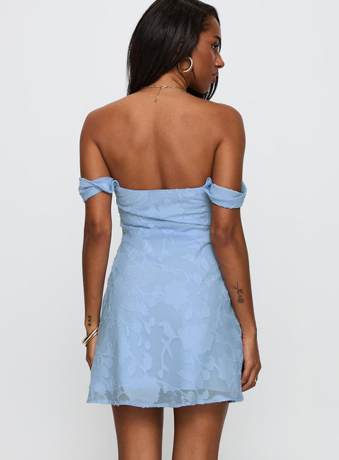 back view of model wearing Princess Polly Zabbarra Off The Shoulder Mini Dress Blue Straight Neck 