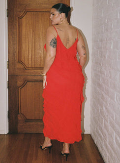 back view of model wearing Princess Polly Lars Maxi Dress Red Curve Scoop Neck 