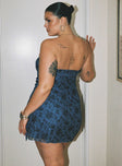 back view of model wearing Princess Polly Donelli Strapless Mini Dress Blue Curve Straight Neck 