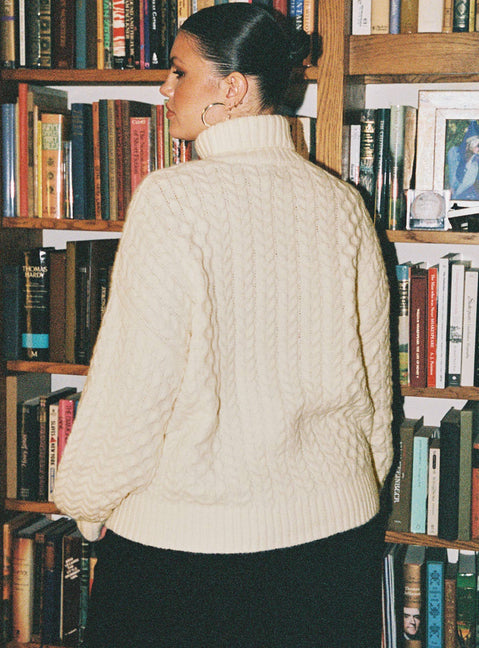 back view of model wearing Princess Polly Judson Roll Neck Cable Knit Sweater Cream Curve regular 