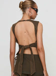 back view of model wearing Princess Polly Countryside Top Petrol Sleeveless High Neck 