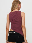 back view of model wearing Princess Polly Azera Cupro Top Burgundy Sleeveless Crew Neck 