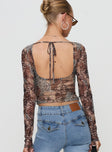 back view of model wearing Princess Polly Tied In Long Sleeved Top Leopard Full Sleeves Boat Neck 