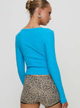 back view of model wearing Princess Polly Daphine Long Sleeve Top Blue Full Sleeves Scoop Neck 