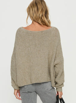 back view of model wearing Princess Polly Ramy Wide Neck Knit Sweater Olive Cropped Jumpers 