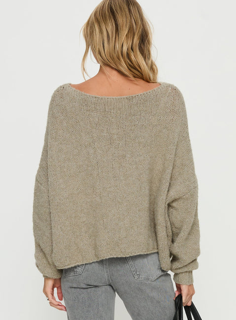 back view of model wearing Princess Polly Ramy Wide Neck Knit Sweater Olive Cropped Jumpers 